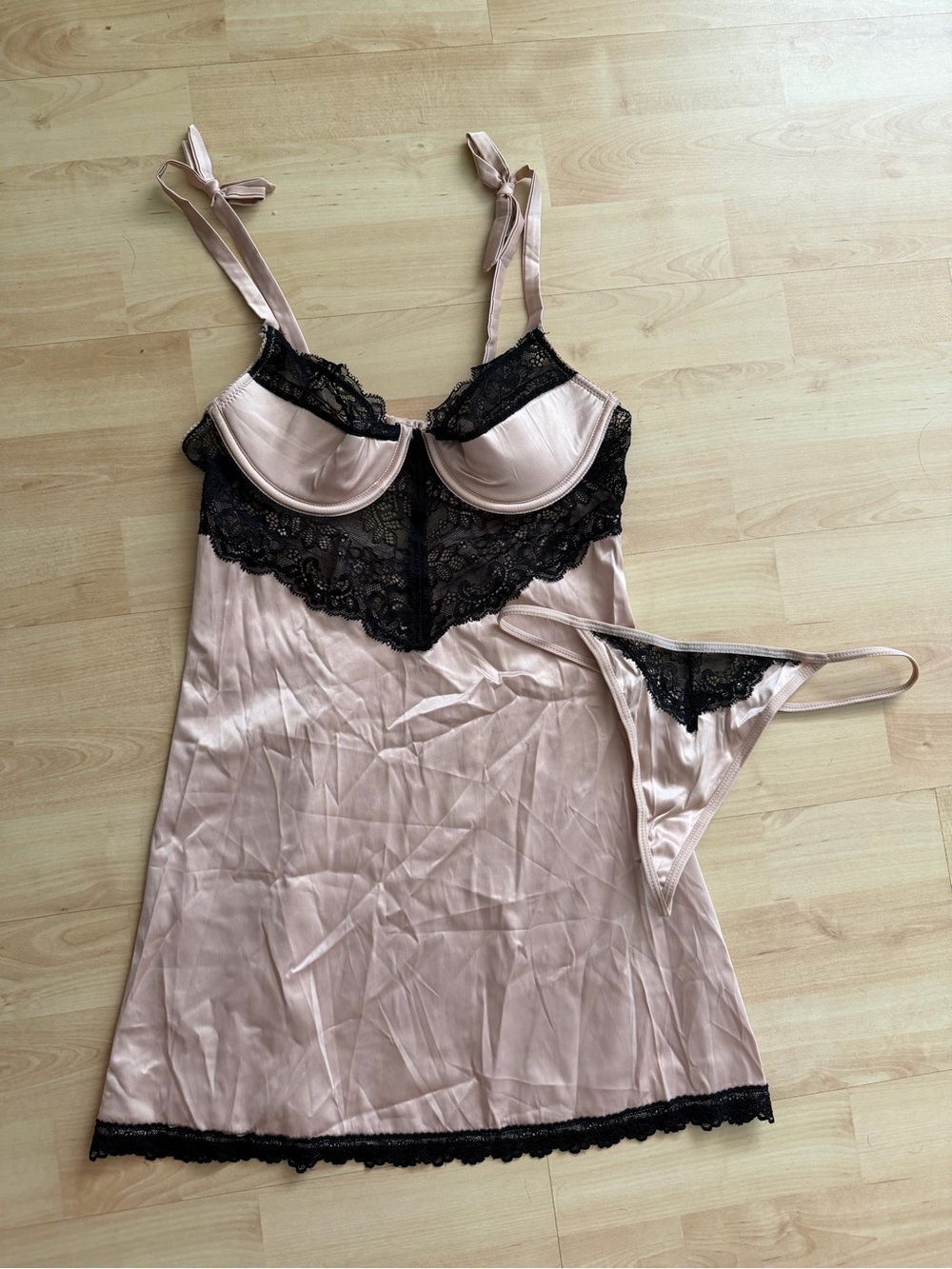 Silky Lace Trim Chemise & Thong - Blush Pink